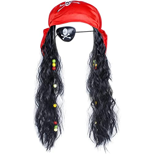 All Saints Day Decor Pirate Perücke Hut Piraten Kostüm Set Dreadlock Perücke Eye Patch Bandana Pirate Captain Food Dress Skull Crossbones Haarstücke Outfit für Halloween Party Carnival Rollenspiel von ggtuyt