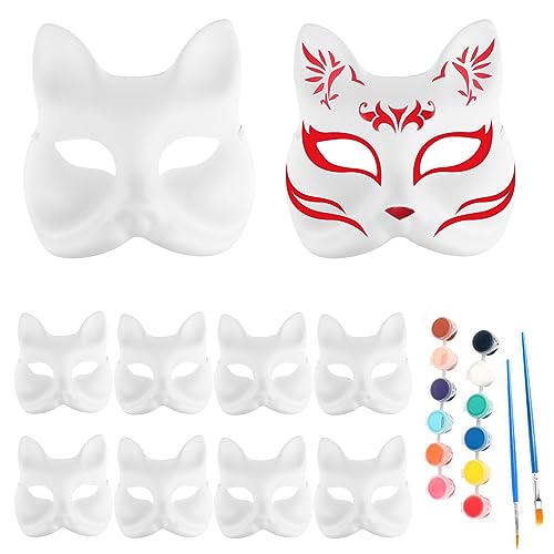 ggtuyt Masken Fox Mask 10pcs DIY Cat Mask Cosplay leere Halloween-Gesichtsmaske mit 12 Farbenpigmenten und 2 Pinsel handbemalte weiße Papiermasken für Halloween Party Cosplay von ggtuyt