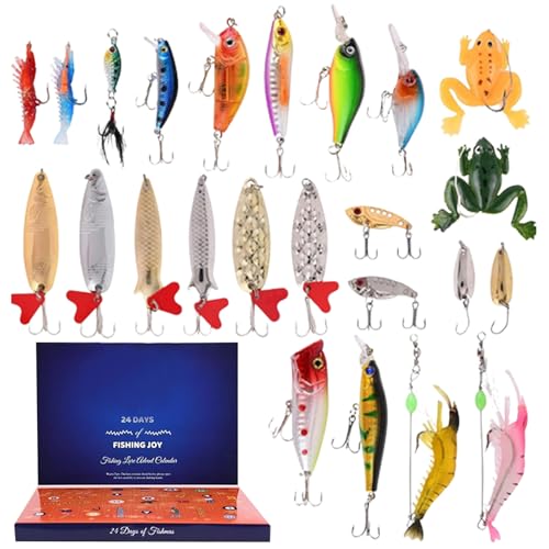 ggtuyt Playsets Fishing Advent Calendar 2023, 24 Tage Fischerei Köder Weihnachtsfischerei Fischerei Kit für Bass, Forellen, Lachs Männer, Angelliebhaber von ggtuyt