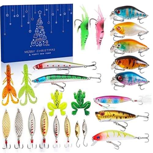 ggtuyt Playsets Fishing Advent Kalender 2023, 24 Tage Fischereikalender für Süßwasser ＆ Salzwasser Weihnachts -Countdown -Kalendergeschenke für Männer von ggtuyt