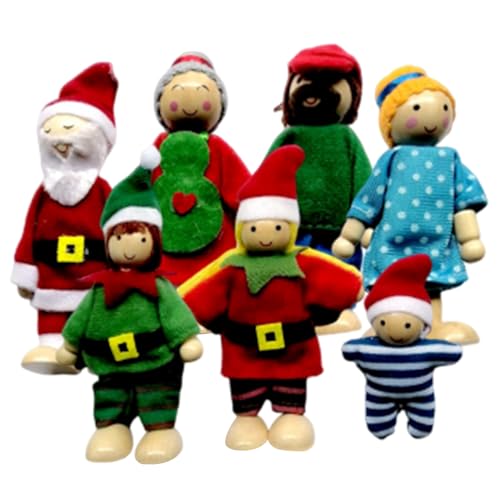 ggtuyt Weihnachtspuppenhaus Weihnachten Puppenhaus Familie 7PCS/Set hölzernen beweglichen Joint Dollhouse Interaktive Eltern-Kind-Puppen-Zahlen für das Spielendekoration von ggtuyt