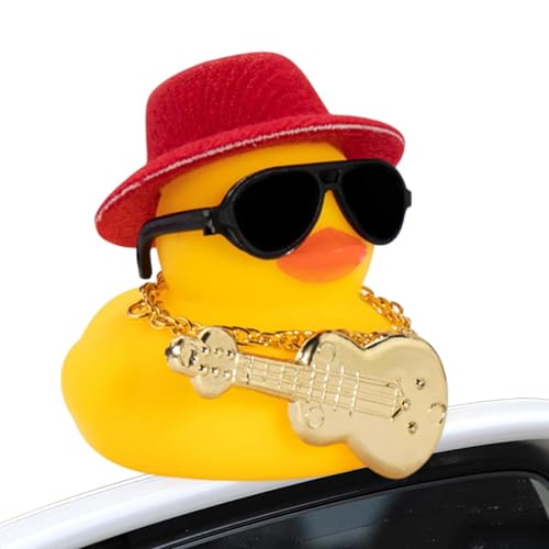 Auto-Ente – Quietschende Gummienten, Auto-Ornamente, gelbe Ente, Armaturenbrett-Dekorationen, Auto-Dekor-Zubehör mit Hut, Musikinstrument, Halskette, Sonnenbrille von gifyym