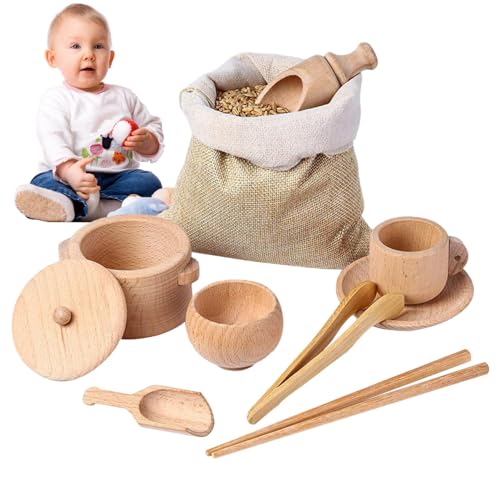 GIFYYM Sensorik-Behälter aus Holz, 8-teiliges Spielzeugset für die Küche, Schaufeln und Zangen aus Holz, Arbeits- und Feinmotorik-Lernspielzeug für Kleinkinder von gifyym