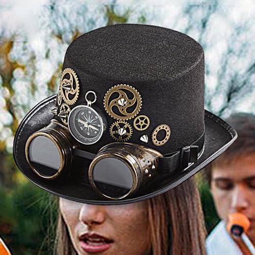 gifyym Steampunk-Hüte – Steampunk-Hut mit Brille | Zeitreisender Steampunk-Zylinder mit Brillen-Zahnrädern | Verkleidungshut für Halloween, Cosplay, Maskerade, Foto-Requisiten für Damen und Herren von gifyym