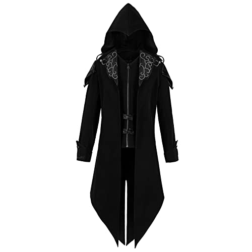 gishkeyay Herren Mittelalter Steampunk Kapuzenjacke Gothic Vintage Frack Halloween Cosplay Kostüme, Schwarz, L-3XL von gishkeyay