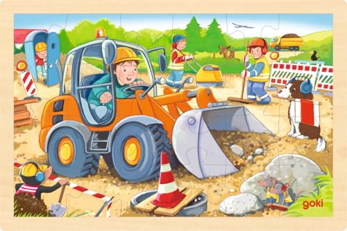 goki 57411 Einlegepuzzle Baustelle aus Holz, Holzpuzzle mit Bagger und Bauarbeitern, Lernspielzeug und Kinderpuzzle, fördert Fantasie und Motorik, 30cm x 20cm, 24er Set, ab 3 Jahre von goki