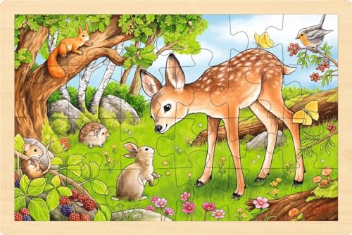 goki 57325 - Einlegepuzzle Rehkitz und Waldbewohner aus Holz– Fördert Fantasie und Feinmotorik bei Kindern, 30cm x 20cm, 24-er Set, ab 3 Jahre von goki