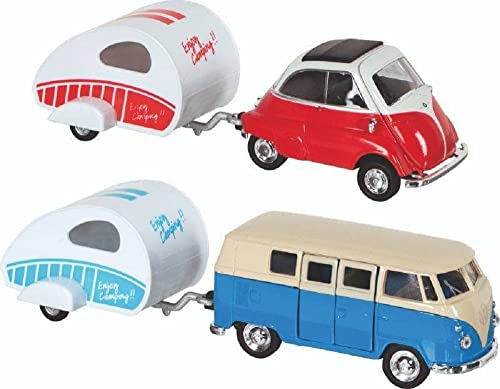 Goki Volkswagen Classical Bus/BMW-Isetta mit Wohnwagen, Autos und Figuren, Mehrfarbig (12311) von goki