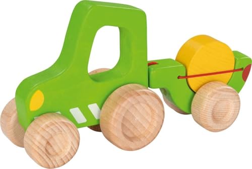 goki 55876 - Traktor mit Anhänger aus Holz, Robustes Fahrzeug mit beweglichen Reifen, flexibler Anhänger und Heuballen, leicht zu greifen, fördert die Motorik der Kinder, 21cm x 6cm x 11cm, ab 2 Jahre von goki