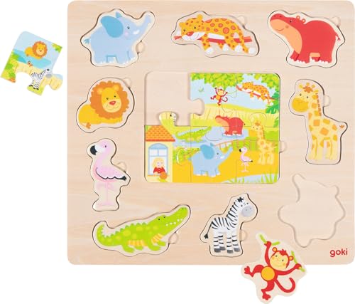 goki 57374 - Einlegepuzzle Zootiere aus Holz - 15 Teile von goki