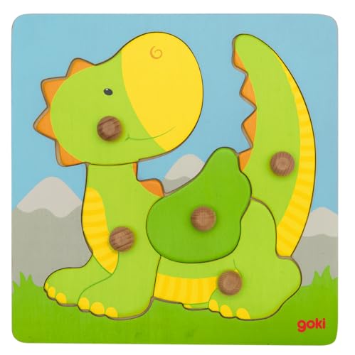 Goki 57553 Steckpuzzle Holz – kinderfreundliches Motiv Kleiner Drache mit Kopf, Flügel, Beinen, Schwanz – Großknopf-Puzzle und Lernspiel für Kinder, 21cm x 21cm, 5-er Set, ab 1 Jahr, gelb von goki