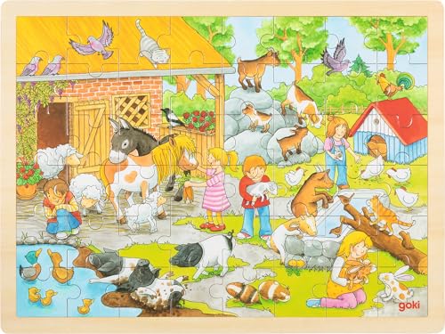 goki 57685 Einlegepuzzle Streichelzoo aus Holz, Holzpuzzle mit vielen Tiermotiven, Lernspielzeug und Kinderpuzzle, fördert Fantasie und Motorik der Kinder, 40cm x 30cm, 48er Set, ab 3 Jahre, gemischt von goki