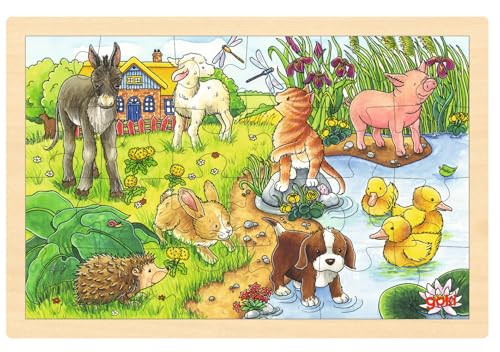 Goki 57890 Einlegepuzzle Tierkinder II aus Holz, Holzpuzzle mit kleinen Tieren, Lernspielzeug und Kinderpuzzle, fördert Fantasie und Motorik der Kinder, 30cm x 20cm, 24er Set, ab 3 Jahre von goki