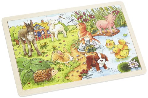 Goki 57890 Einlegepuzzle Tierkinder II aus Holz, Holzpuzzle mit kleinen Tieren, Lernspielzeug und Kinderpuzzle, fördert Fantasie und Motorik der Kinder, 30cm x 20cm, 24er Set, ab 3 Jahre von goki