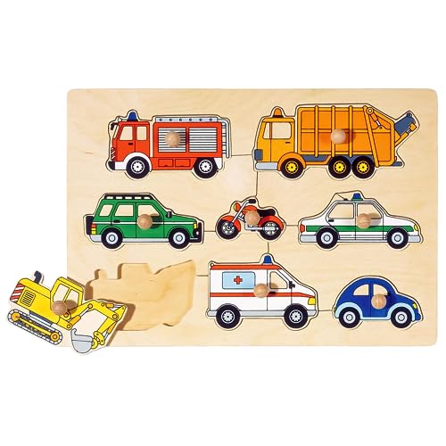 Goki 57996 Steckpuzzle 8-teilig Natürlicher Holzhintergrund | Kinder Holzpuzzle mit Feuerwehr, Polizei, Bagger & weiteren, bunten Fahrzeugen |, Spielzeug ab 1 Jahr von goki