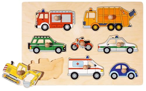 Goki 57996 Steckpuzzle 8-teilig Natürlicher Holzhintergrund | Kinder Holzpuzzle mit Feuerwehr, Polizei, Bagger & weiteren, bunten Fahrzeugen |, Spielzeug ab 1 Jahr von goki