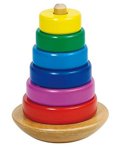 goki 58925 - Stapelturm runder Boden aus Holz, bunte Holzringe zum stapeln auf wackelndem Boden, fördert Feinmotorik und Hand-Augen-Koordination der Kinder, 12cm, 7er Set, ab 2 Jahre von goki