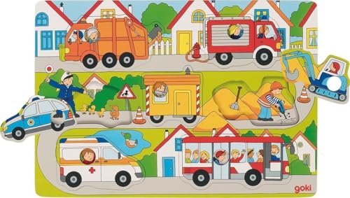 goki 57474 - Hintergrundpuzzle Auf der Straße aus Holz, Polizei, Feuerwehr, Müllwagen, Bus, Holzpuzzle mit großen Knöpfen für kleine Hände, 30cm x21cm, Förderung der Motorik, 7er Set, ab 1 Jahr von goki