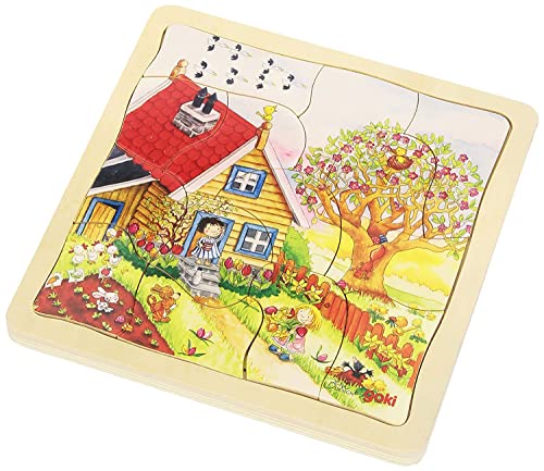 Goki 57684 - Schichtenpuzzle Vier Jahreszeiten, 4-in-1 Holzpuzzle zur Wetterkunde, Bildungsspielzeug, 20x20cm, 56er Set, ab 3 Jahre von goki
