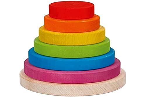 goki Evolution 58473 Stapelturm aus Holz, Bunte Holzringe in unterschiedlichen Größen, Farben auf Wasserbasis, fördert Motorik und Hand-Augen-Koordination, Made in Europe, 13cm, 7er Set, ab 2 Jahre von goki