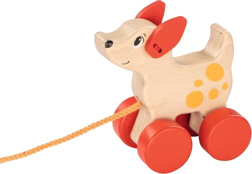 goki 54883 Ziehtier Hund aus Holz, Nachzieh-Spielzeug mit Tiermotiv, Lernspielzeug inklusive Schnur, Babyspielzeug fördert Koordination und Motorik der Kleinkinder, 9cm x 5cm x 9cm, ab 1 Jahr von goki