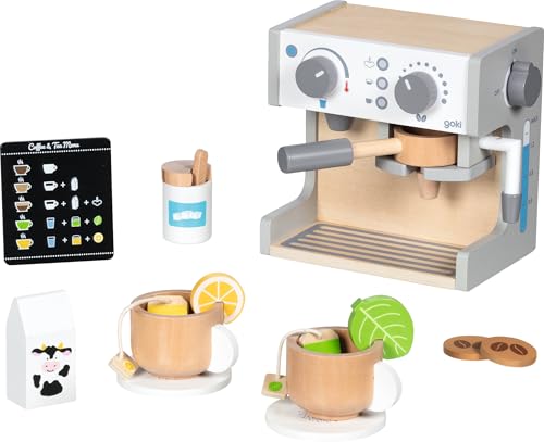 goki 51460 - Kaffee und Tee Station aus Holz, Spielset für kleine Barista und Teeliebhaber, Zubehör für Spielküche und Kaufmannsladen, Holzspielzeug 19cm x 12cm x 18cm, 16er Set, ab 3 Jahre von goki