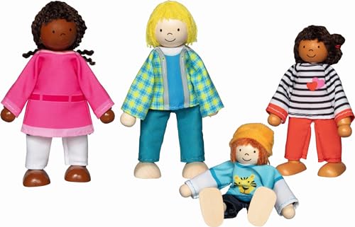 goki 51463 - Hochwertige Biegepuppen Interkulturelle Familie - Puppenset mit 4 Puppen: Mama, Papa, 2 Kinder aus Holz - Bewegliche Figuren für Puppenhäuser von goki