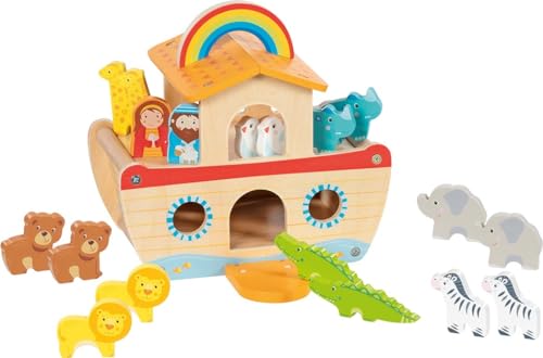 goki 51464 - Meine kleine Arche Noah, buntes Lernspielzeug aus Holz für Kinder, Tiere wie Löwe, Elefant, Bär, Nilpferd, Zebra, 20-er Set, ab 3 Jahre von goki