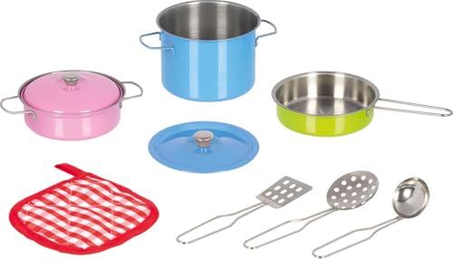 goki 51467 Kochset farbenfroh aus Metall, Hochwertiges Kochspielzeug für Kinder, Inkl. Töpfen, Deckel, Topflappen und Küchenutensilien, 9-er Set, ab 3 Jahre von goki