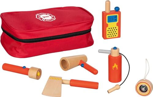 goki 51474 - Hochwertiger Feuerwehr-Einsatztasche Holz, Komplettes Spielset mit Figuren, Nachhaltiges Holzspielzeug, 7-teilig, für Kinder ab 3 Jahren von goki