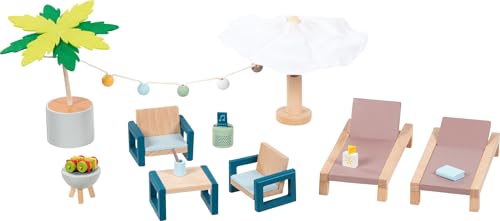 goki 51476 - Outdoor Möbel Set Mallorca Holz, Perfekte Ergänzung für ein Puppenhaus, fördert Kreativität der kleinen Puppeneltern, 17-er Set, ab 3 Jahre von goki