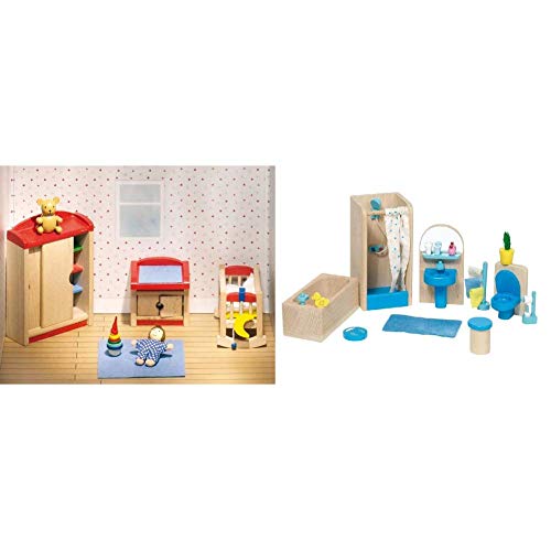 Goki 51905 - Kinderzimmer, 12-teilig, Puppenhausmöbel & 51903 - Badezimmer Puppenhausmöbel, 17-teilig von goki