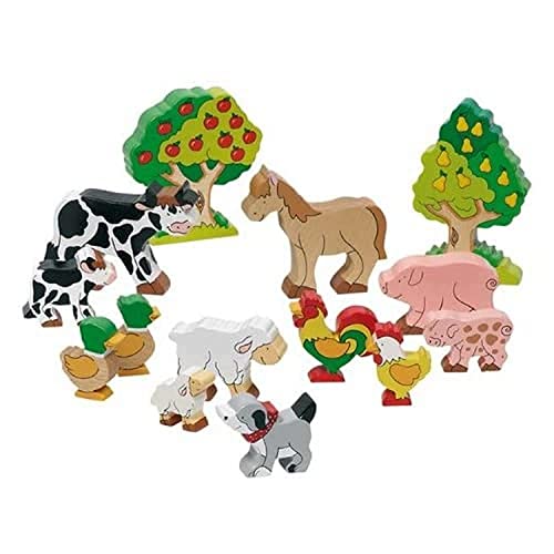 goki 53034 - Bauernhoftiere aus Holz für Kinder, Kühne, Schweine, Enten, Schaafe, Hund, Pferd, Pädagogisches Lernspielzeug und Tierfiguren für Rollenspiele Spielfiguren, 14er Set, ab 3 Jahre von goki