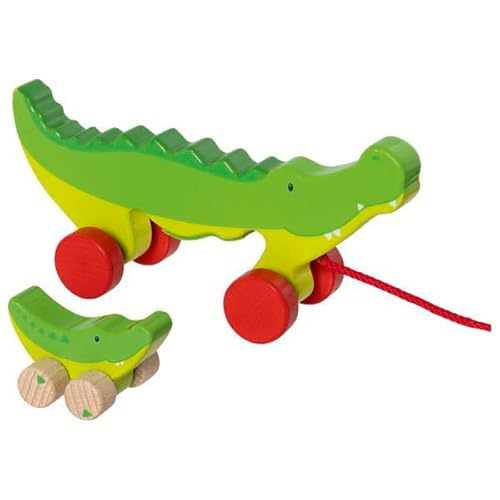 goki 54852 - Ziehtier Krokodile Cosmo & Crok aus Holz, Nachzieh-Spielzeug mit Tiermotiv, Lernspielzeug inkl. Schnur, Babyspielzeug fördert Koordination und Motorik, 22cm x 6cm x 10cm, ab 1 Jahr von goki