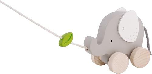 goki 54866 Ziehtier Elefant mit Blatt aus Holz, Nachzieh-Spielzeug mit Tiermotiv, Lernspielzeug inklusive Schnur, Babyspielzeug fördert Koordination und Motorik, 14cm x 7cm x 12cm, ab 1 Jahr von goki