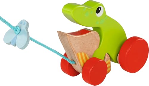 goki 54894 Ziehtier Frosch aus Holz, Nachzieh-Spielzeug mit Tiermotiv, Lernspielzeug inklusive Schnur, Babyspielzeug fördert Koordination und Motorik der Kleinkinder, 12cm x 7cm x 12cm, ab 1 Jahr von goki