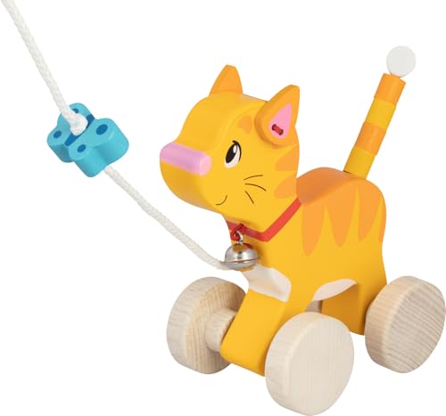 goki 54896 Ziehtier Katze aus Holz, Nachzieh-Spielzeug mit Tiermotiv, Lernspielzeug inklusive Schnur, Babyspielzeug fördert Koordination und Motorik der Kleinkinder, 14cm x 8cm x 15cm, ab 1 Jahr von goki