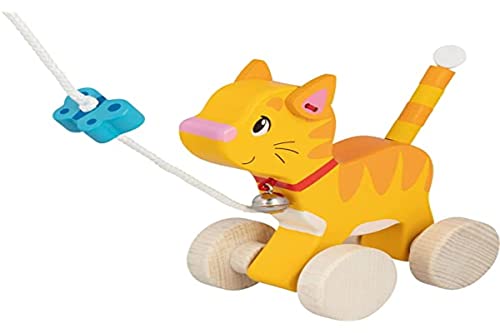 goki 54896 Ziehtier Katze aus Holz, Nachzieh-Spielzeug mit Tiermotiv, Lernspielzeug inklusive Schnur, Babyspielzeug fördert Koordination und Motorik der Kleinkinder, 14cm x 8cm x 15cm, ab 1 Jahr von goki