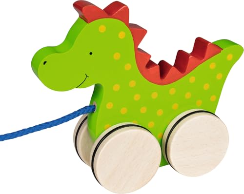 goki 54954 Ziehtier Drache Saro aus Holz, Nachzieh-Spielzeug mit Tiermotiv, Lernspielzeug inklusive Schnur, Babyspielzeug fördert Koordination und Motorik, 15cm x 5cm x 12cm, ab 1 Jahr von goki