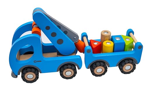 goki 55875 - Kranwagen mit Magnetanhänger, Vielseitiges Holzspielzeug, Nachhaltige Qualität, blau, Förderndes Baufahrzeug ab 3 Jahre, Blauer Krahnwagen und Anhänger von goki