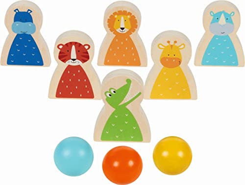 goki 56661 - Kegelspiel Wilde Tiere - Familienspiel mit 6 lustigen Figuren aus Holz - für drinnen und draußen von goki