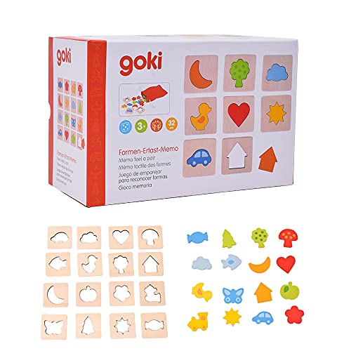 goki 56968 - Memospiel Formen ertasten aus Holz und Textil, Taktiles Lernspiel für die ganze Familie, unterschiedliche Formen erkennen, Förderung Feinmotorik und Tastsinn, 32er Set, ab 3 Jahr von goki