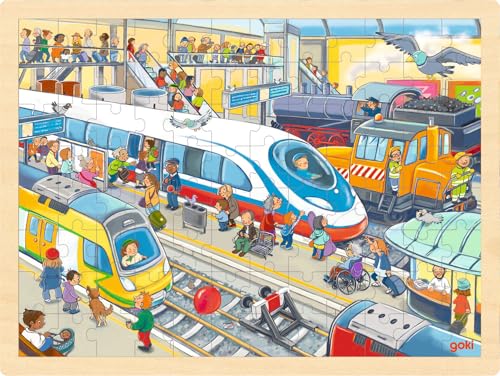 goki 57316 Einlegepuzzle Bahnhof aus Holz, Holzpuzzle mit Zügen und Bahnen, Lernspielzeug und Kinderpuzzle, fördert Fantasie und Motorik der Kinder, 40cm x 30cm, 96er Set, ab 3 Jahre von goki