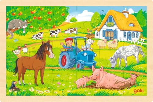 goki 57317 Einlegepuzzle Holz, Holzpuzzle eines Bauernhofes, Lernspielzeug und Kinderpuzzle, fördert Fantasie und Motorik der Kinder, 30cm x 20cm, 24er Set, ab 3 Jahre von goki