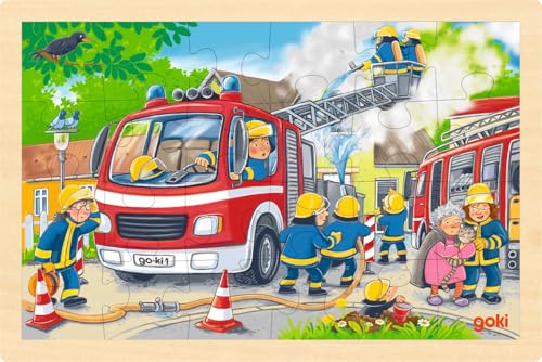 goki 57318 - Einlegepuzzle Feuerwehr aus Holz, Holzpuzzle eines Feuerwehreinsatzes, Lernspielzeug und Kinderpuzzle, fördert Fantasie und Motorik der Kinder, 30cm x 20cm, 24er Set, ab 3 Jahre von goki