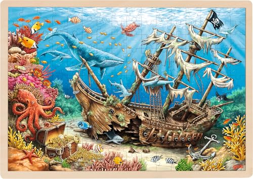 goki 57319 - Einlegepuzzle versunkenes Schiff Santa Elena, spannendes Motiv der Unterwasserwelt inkl. Meerestieren, fördert Fantasie und Motorik der Kinder, 46cm x 33cm, 194er Set, ab 4 Jahre von goki