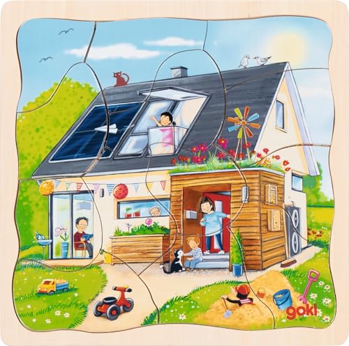 goki 57322 Schichtenpuzzle Wir Bauen EIN Haus, 3 Schichten mit Motiven von Hausbauphasen, fördert Motorik und Problemlösungsfähigkeit der Kinder, 20cm x 20cm, 35er Set, ab 3 Jahre von goki