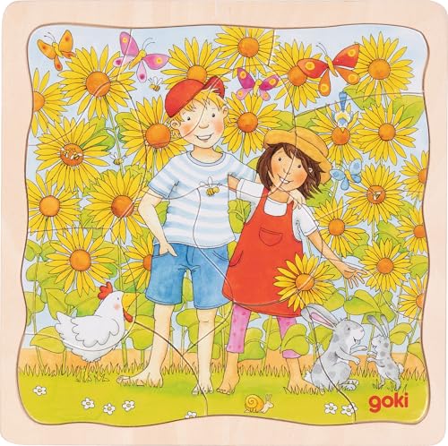 goki 57324 Schichtenpuzzle Sonnenblumenfeld, 3 Schichten mit Motiven der Pflanzphasen auf einem Feld, fördert Motorik und Problemlösungsfähigkeit der Kinder, 20cm x 20cm, 35er Set, ab 3 Jahre von goki