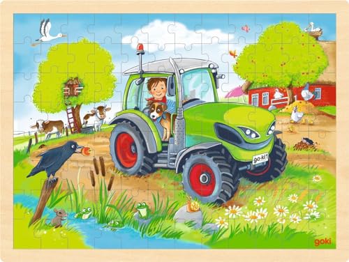 goki 57326 Einlegepuzzle Traktor und Bauernhof aus Holz– Fördert Fantasie und Feinmotorik bei Kindern, Hoftiere, 40cm x 30cm, 96-er Set, ab 3 Jahre, Mehrfarbig von goki