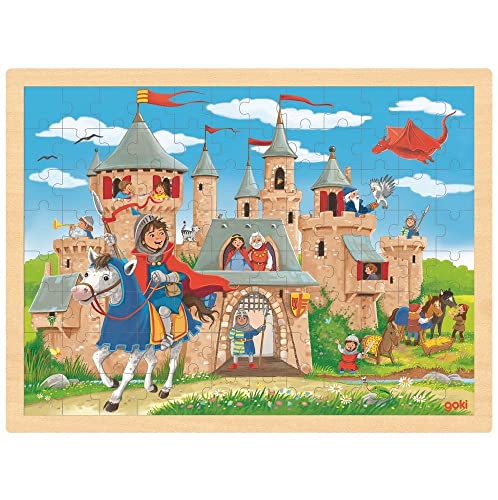 goki 57335 - Einlegepuzzle Ritterburg - 96 robuste Teile aus Holz - buntes Farbdesign mit detailreichem Ritteburg- Motiv von goki